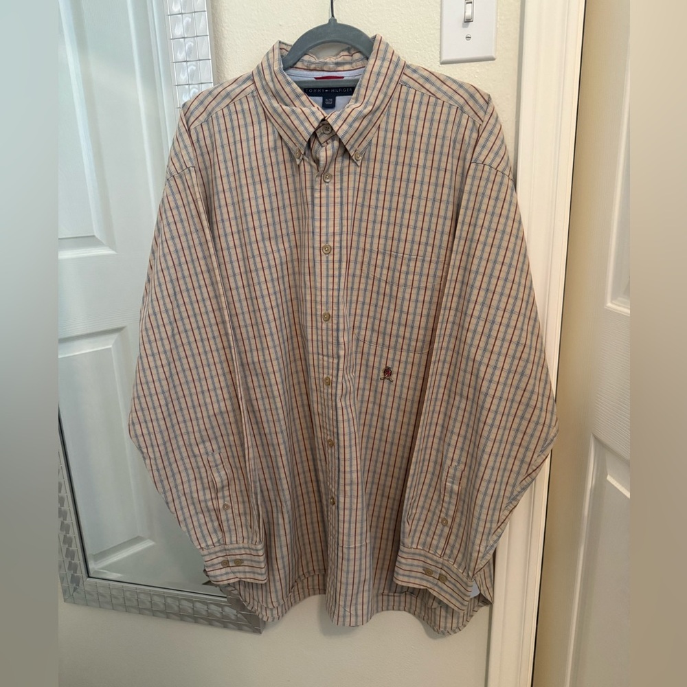 Vintage Tommy Hilfiger Men's Button-Down Striped Shirt in Beige, Blue & Red - XL